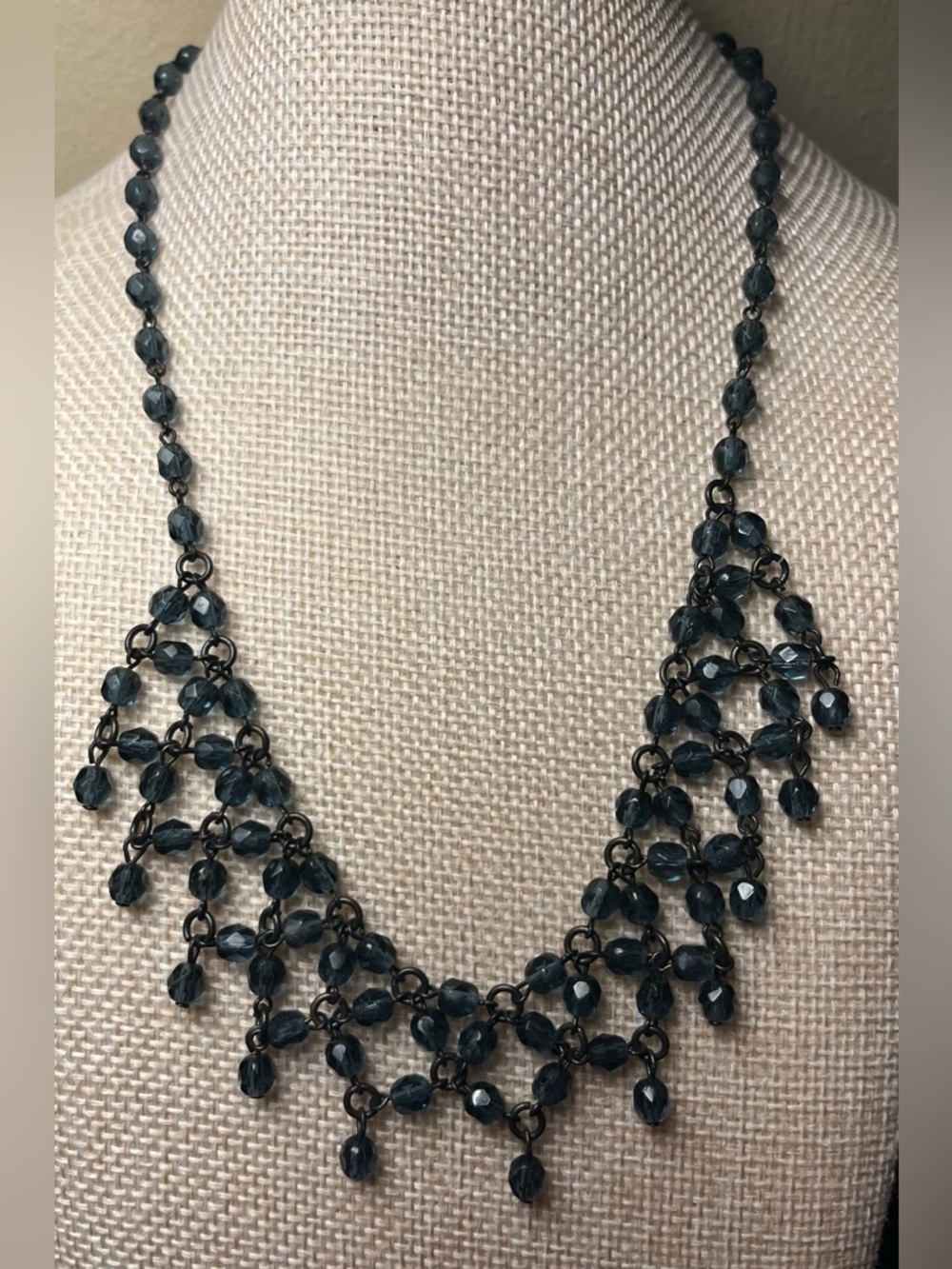 Dark Teal Beaded Crystal Fringe Necklace vintage